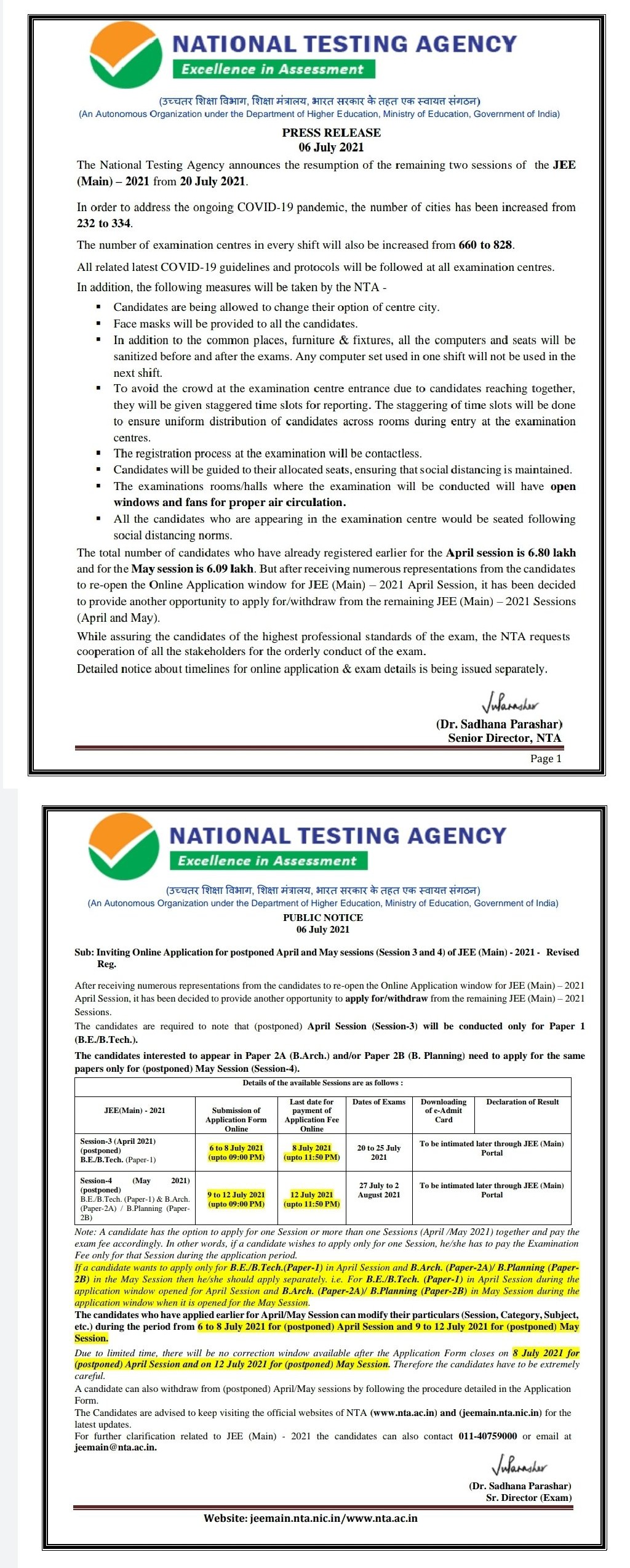 National Testing Agency Announcement on JEE Main-2021