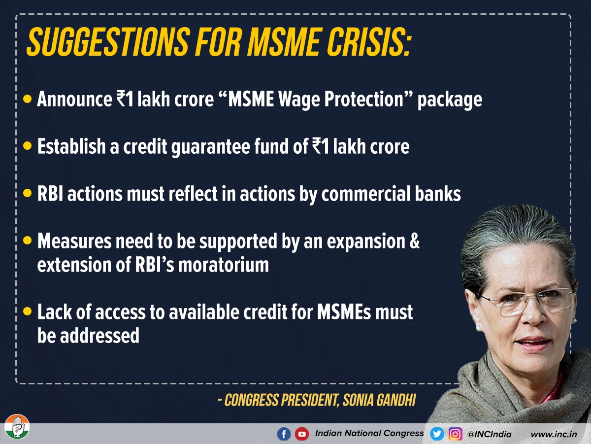Suggestions by Sonia Gandhi for MSME relief Package