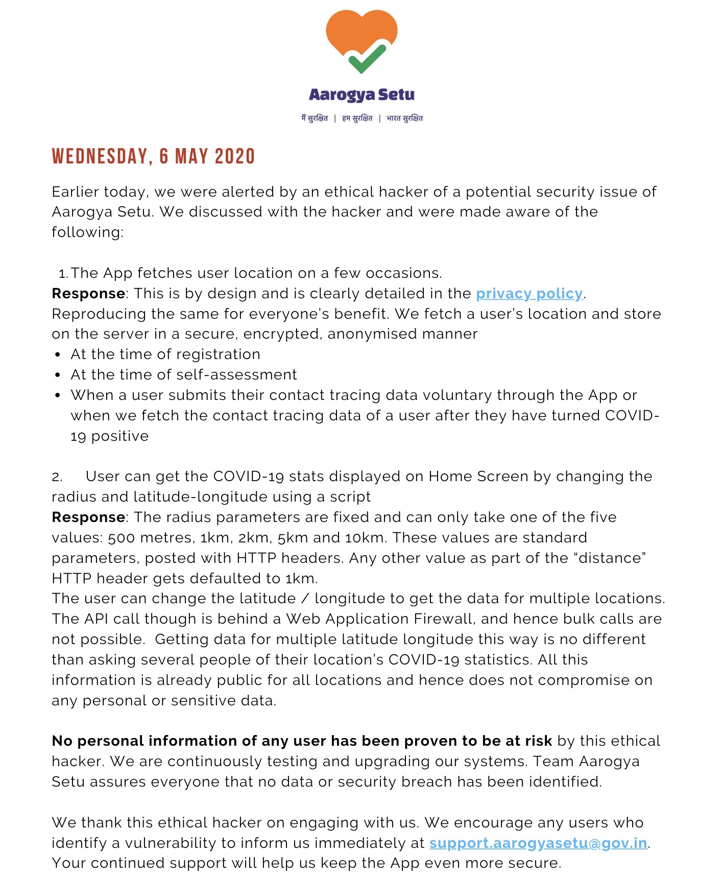 Statement from Team ArogyaSetu On Data Security of the App