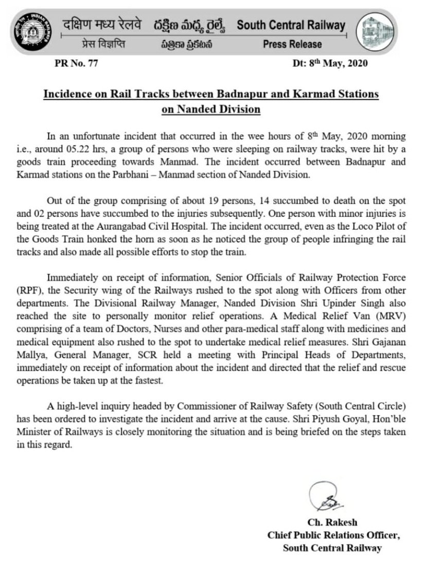 16 migrant workers run over by train in Aurangabad