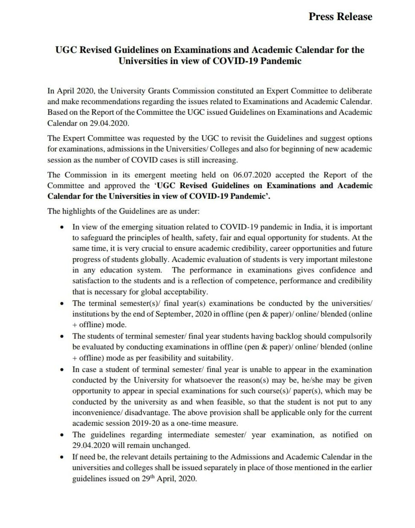 UGC revised guidelines on Examinations and Academic Calendar