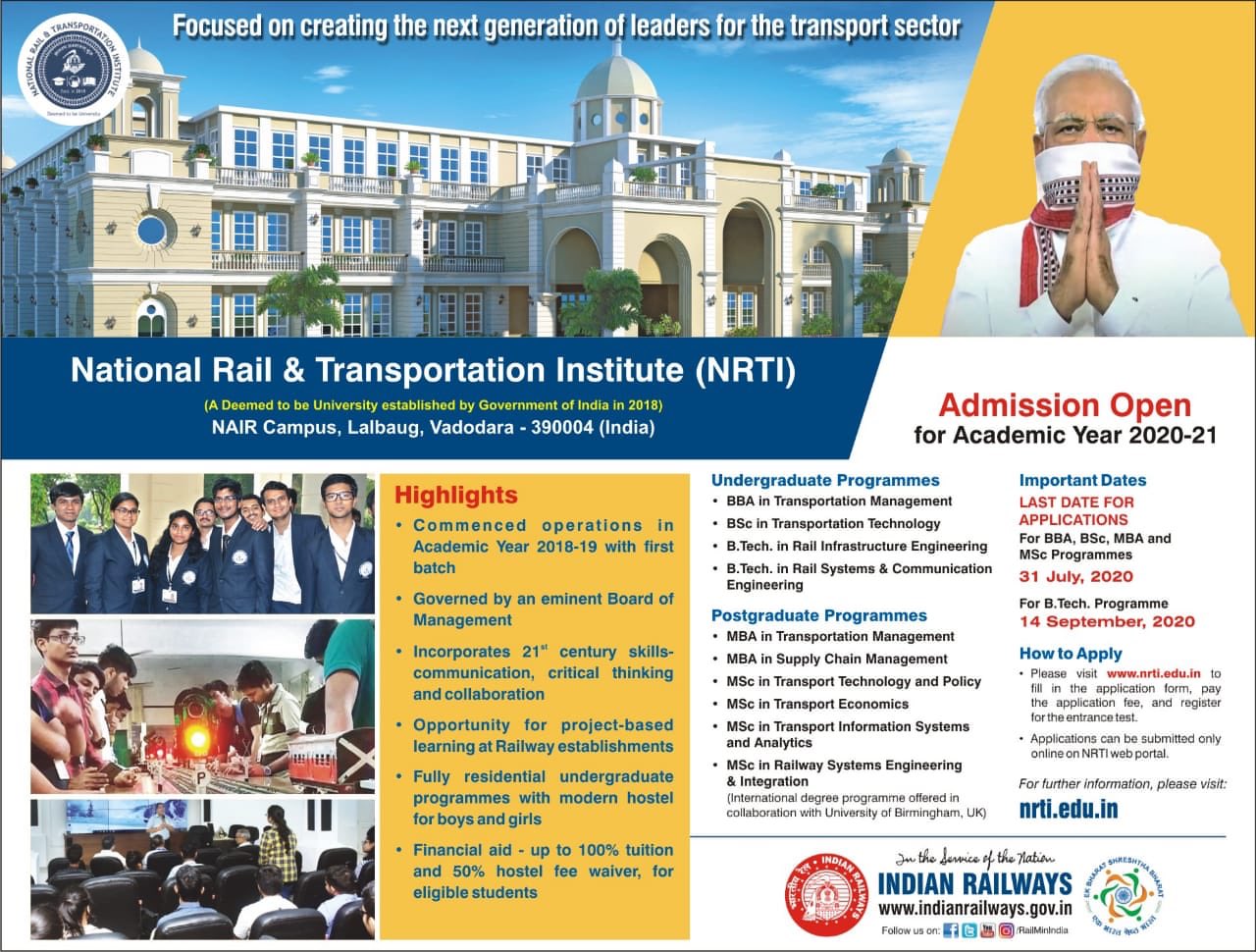 National Rail and Transportation Institution admissions are open